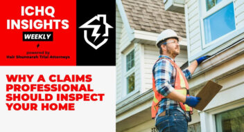 A male inspector in a hard hat, safety glasses, and a plaid shirt examines the exterior of a house, holding a clipboard.