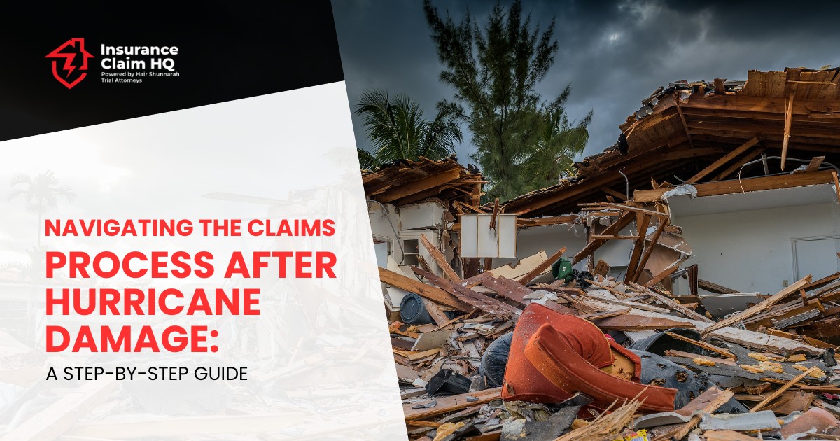 A damaged home with a collapsed roof and debris-including broken wood and furniture