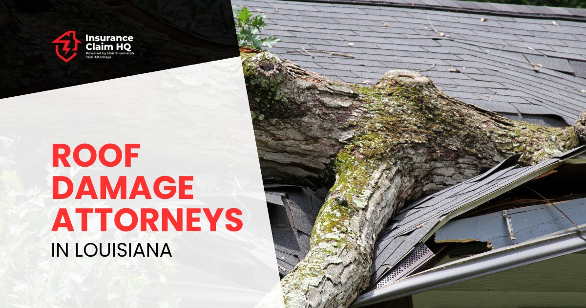 A tree fallen on a roof after a storm, causing visible damage to the shingles and gutter